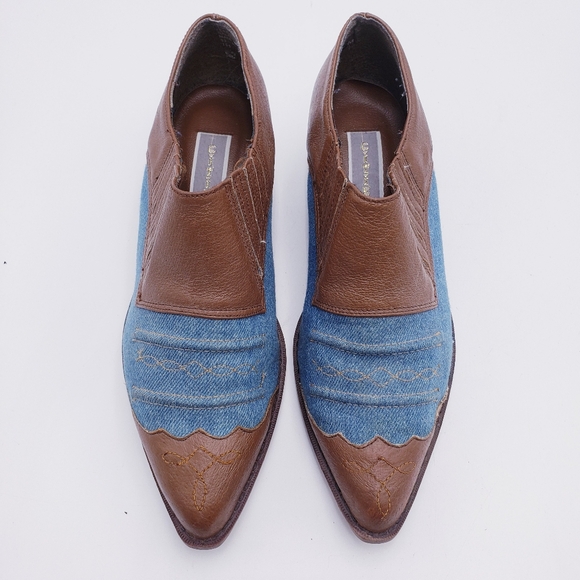 Vintage 90s y2k Leather /Denim Boho Western Cowgirl Heeled Low Heel Bootie 7 - Picture 6 of 11